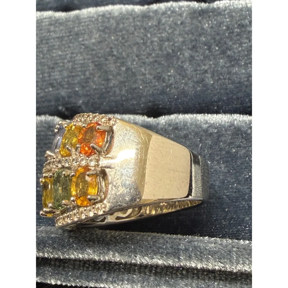 Multi Gemstone Rainbow Ring Wide Band Oval Cut 925 Yellow Blue Orange Green Sz 7